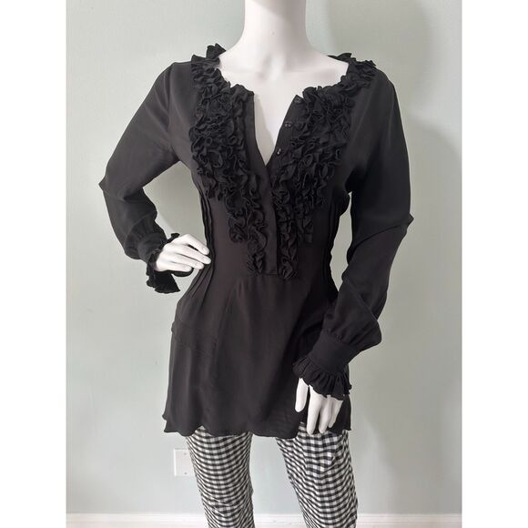 Black Ruffle Front Long Sleeve Silk Blouse Romantic Goth Tunic Top size Medium - Picture 2 of 7